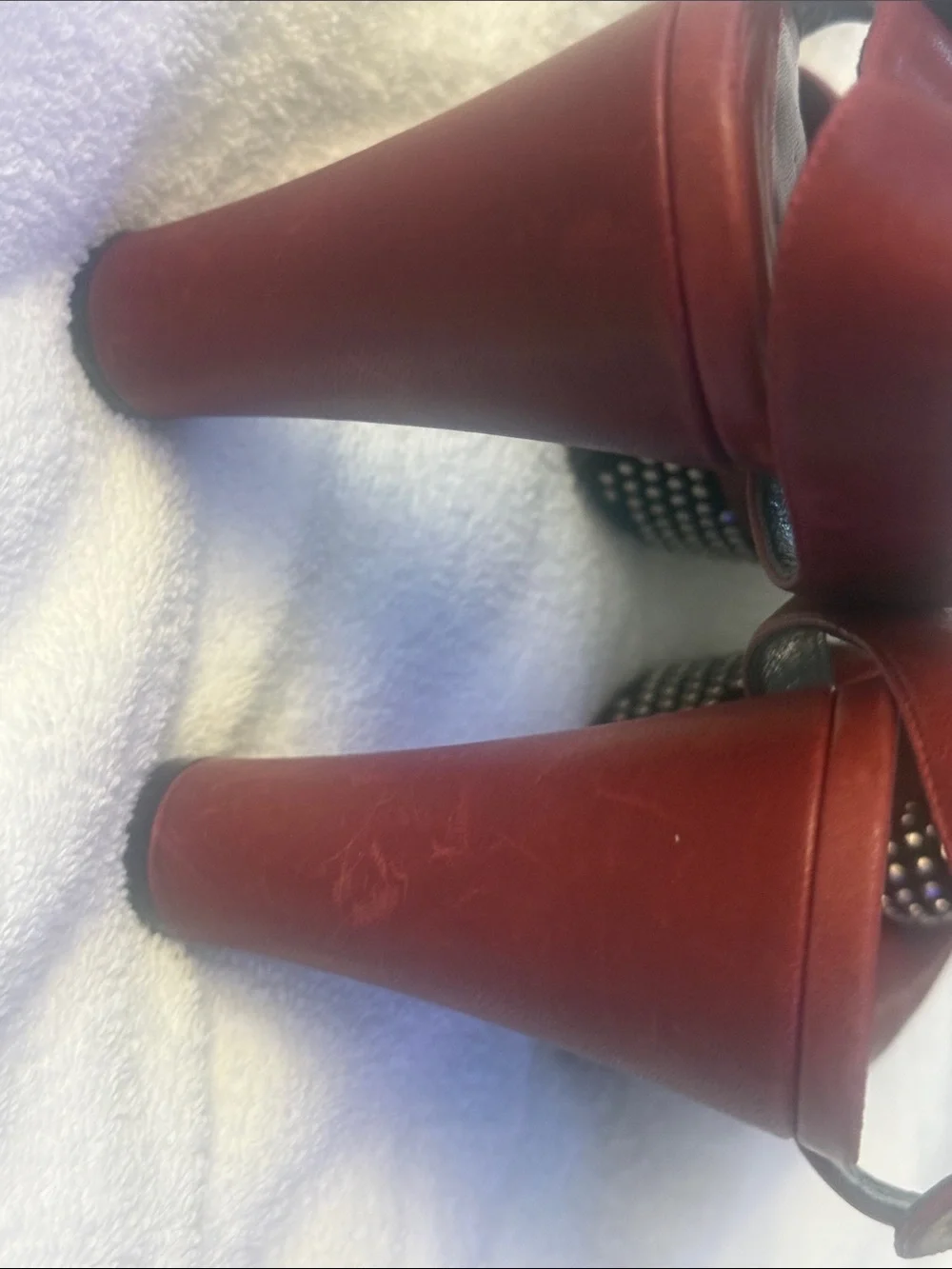 Sonia Rykiel Burgundy Studded Peep-Toe Block Heels with Ankle Strap